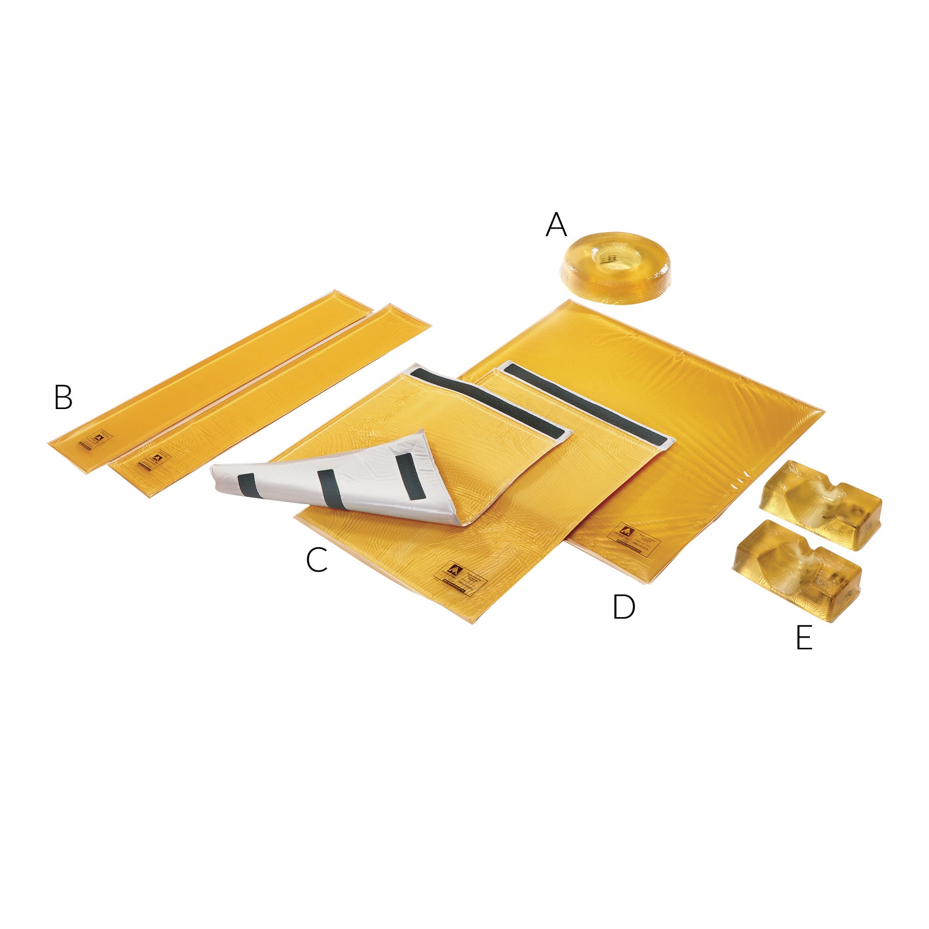AliMed AliGel Basic Positioning Set features different gel pads and supports in various shapes and sizes, labeled A to E.
