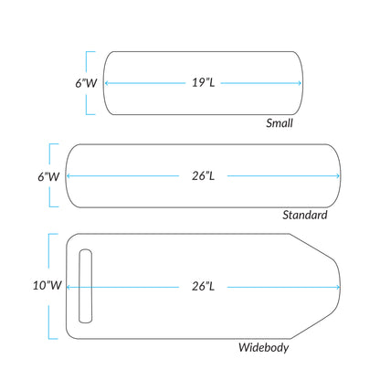 Diagram of three AliMed Height-Adjustable Rhino Board Armboards labeled small (19\"x6\"), standard (26\"x6\"), and widebody (26\"x10\") with strap cutout.