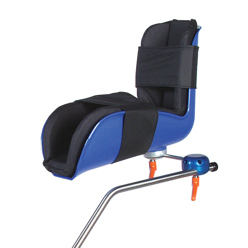 An AliMed Lithotomy Stirrup in blue and black, featuring adjustable supports and levers for medical procedures.