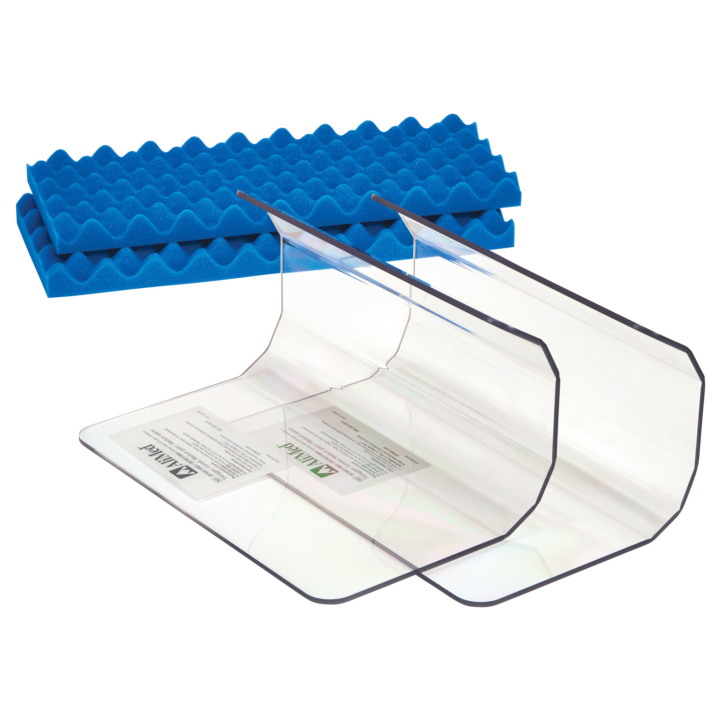 AliMed Curved Toboggan and Single-Use Liner Kit includes clear plastic toboggans and blue egg crate foam liners.