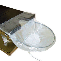 The UroView 2600/2800 Sterile Urology Drain Bag is attached to a medical table, featuring a clear plastic collection bag.