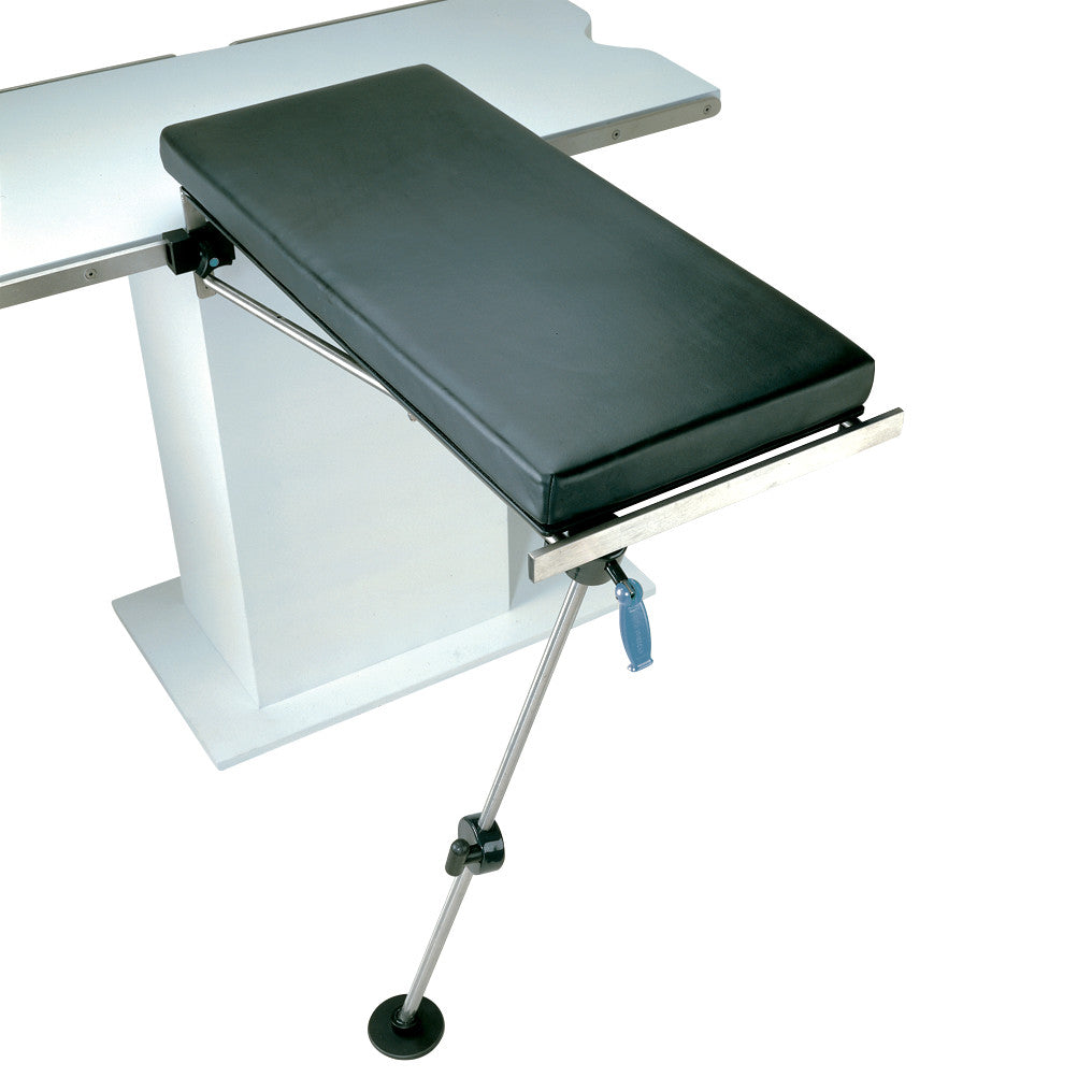 The Allen Basic Rectangular Hand Table features a black cushioned surface with a supporting metal leg, designed for medical use.