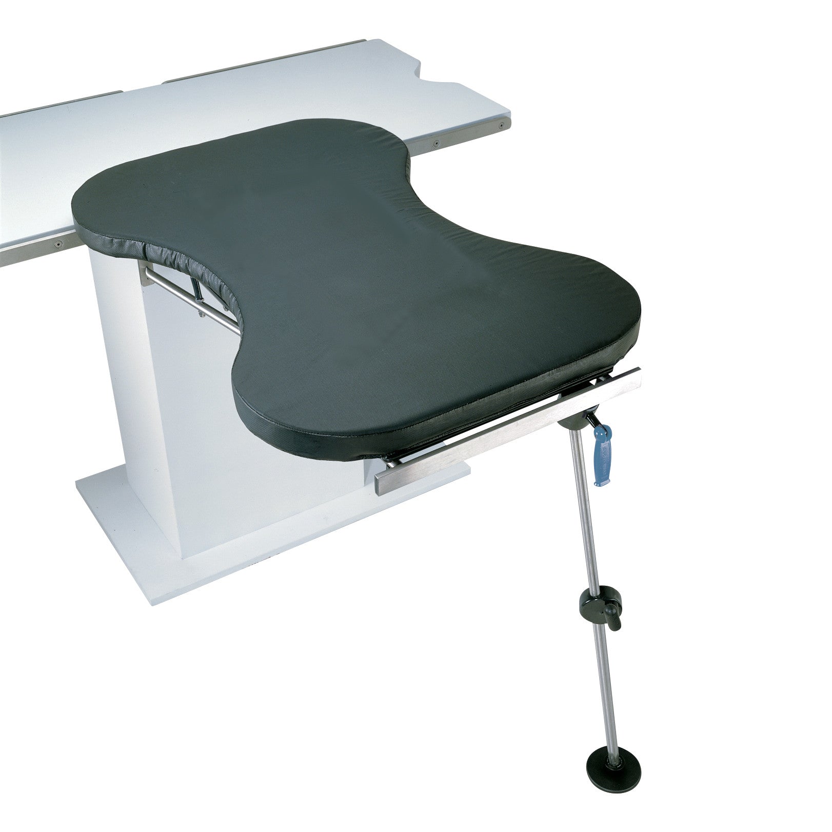 Allen Basic Hourglass Hand Table with a dark cushioned top attached to a table base, supported by an adjustable metal leg.