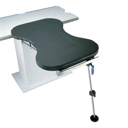 Allen Basic Hourglass Hand Table with a dark cushioned top attached to a table base, supported by an adjustable metal leg.