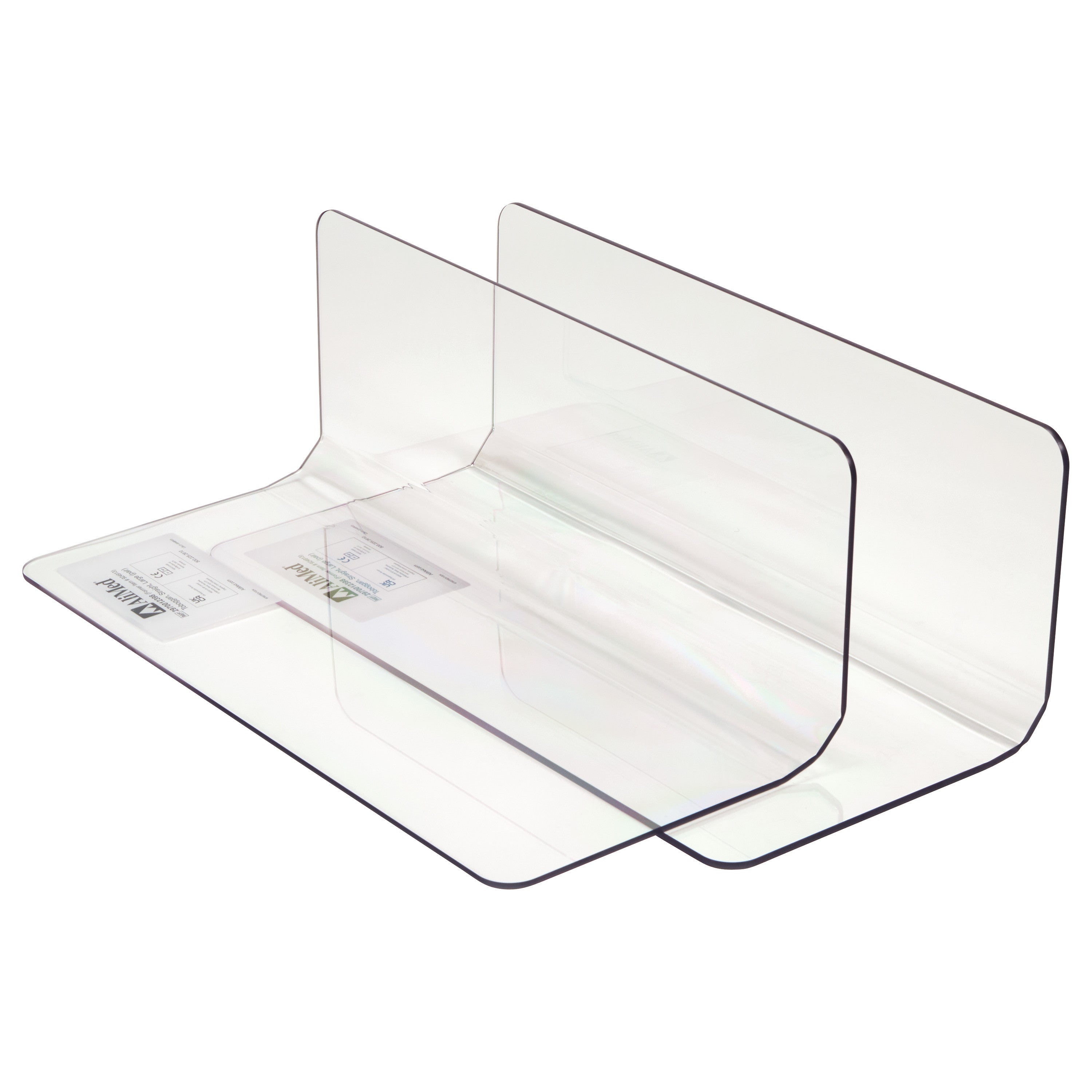 Clear acrylic AliMed Straight Toboggan Arm/Leg Guard with two rounded corner panels and labels on its surface.