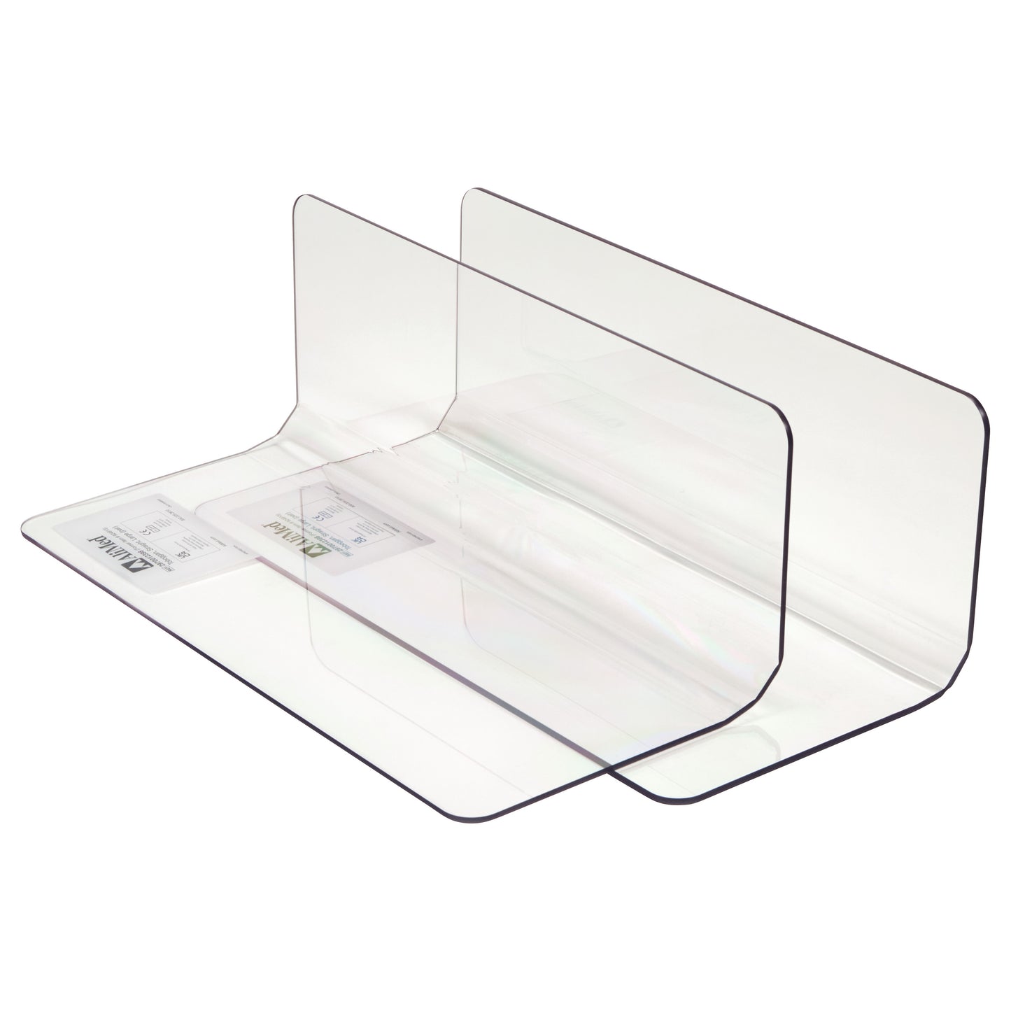 Clear acrylic AliMed Straight Toboggan Arm/Leg Guard with two rounded corner panels and labels on its surface.