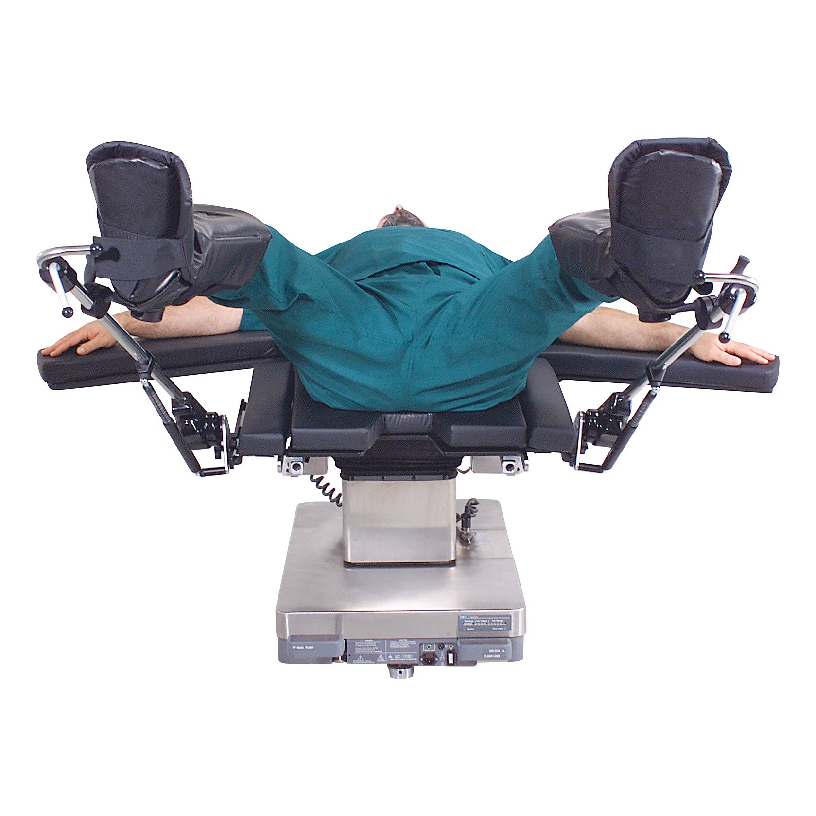 A person lies on an operating table with legs supported by Allen Ultrafin Stirrups, which are attached to adjustable metal arms.
