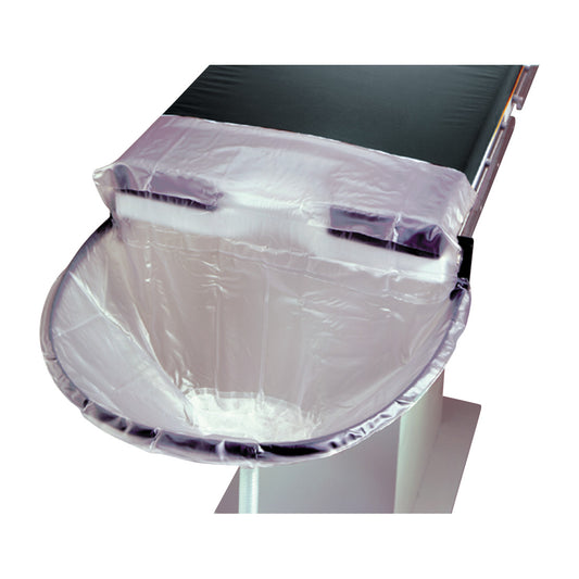 Uro-Catcher System attached to a surgical table, featuring a flexible basin with a transparent covering for fluid collection.