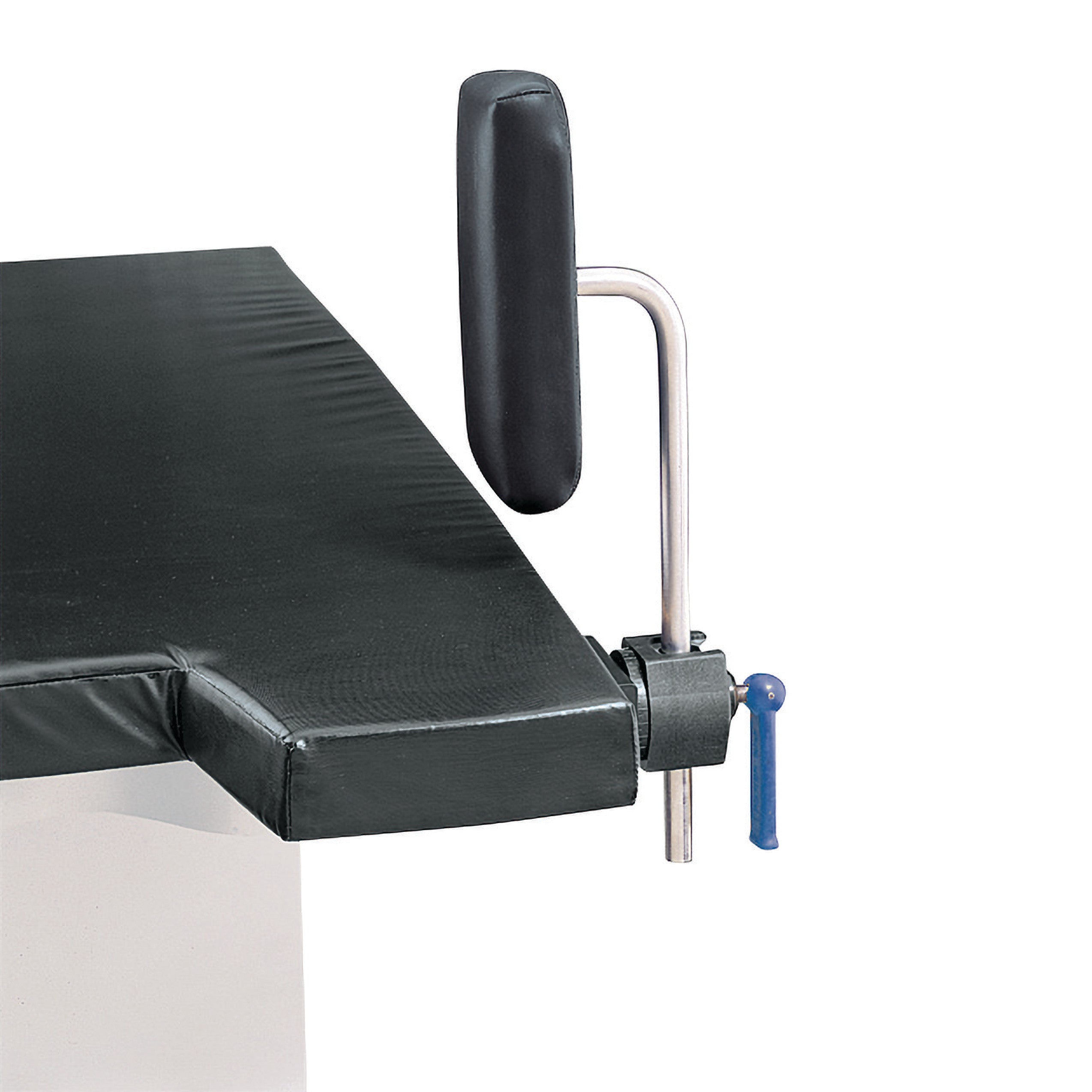 A black Allen Arthroscopic Stress Post is attached to the corner of a padded table with a silver frame and blue knob.