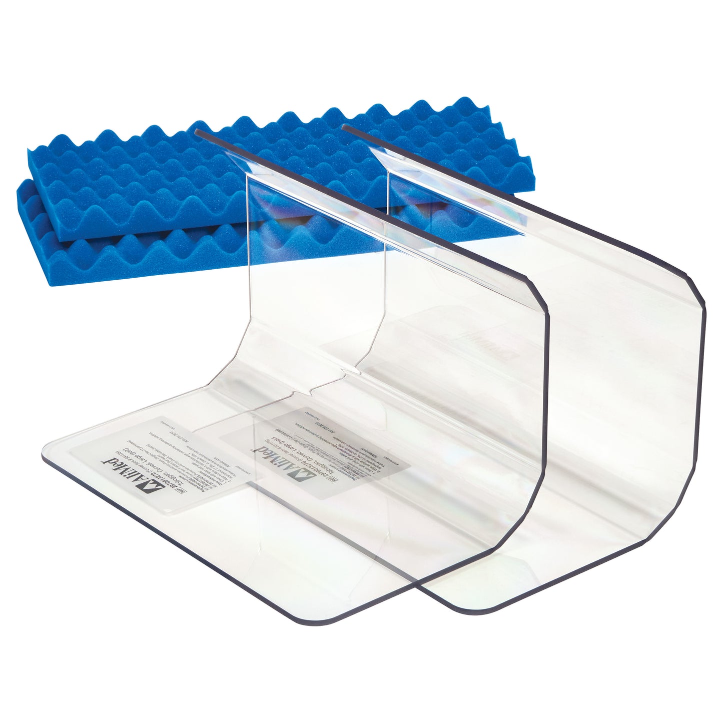 AliMed Curved Toboggan and Single-Use Liner Kit shown with clear plastic toboggan and blue foam liners in the background.