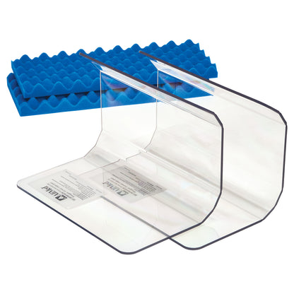 AliMed Curved Toboggan and Single-Use Liner Kit shown with clear plastic toboggan and blue foam liners in the background.
