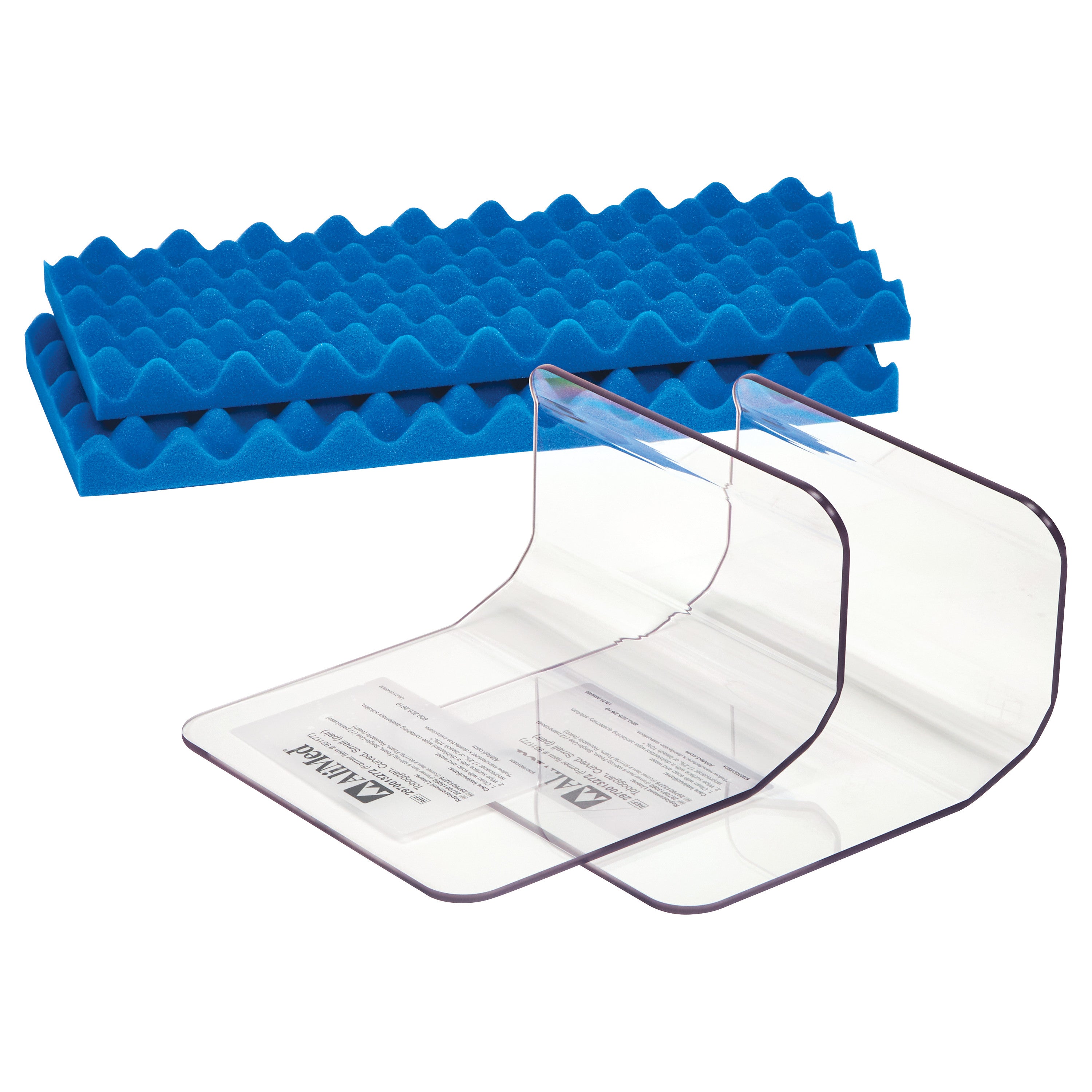 AliMed Curved Toboggan and Single-Use Liner Kit featuring clear plastic guards and blue foam liners for medical support.
