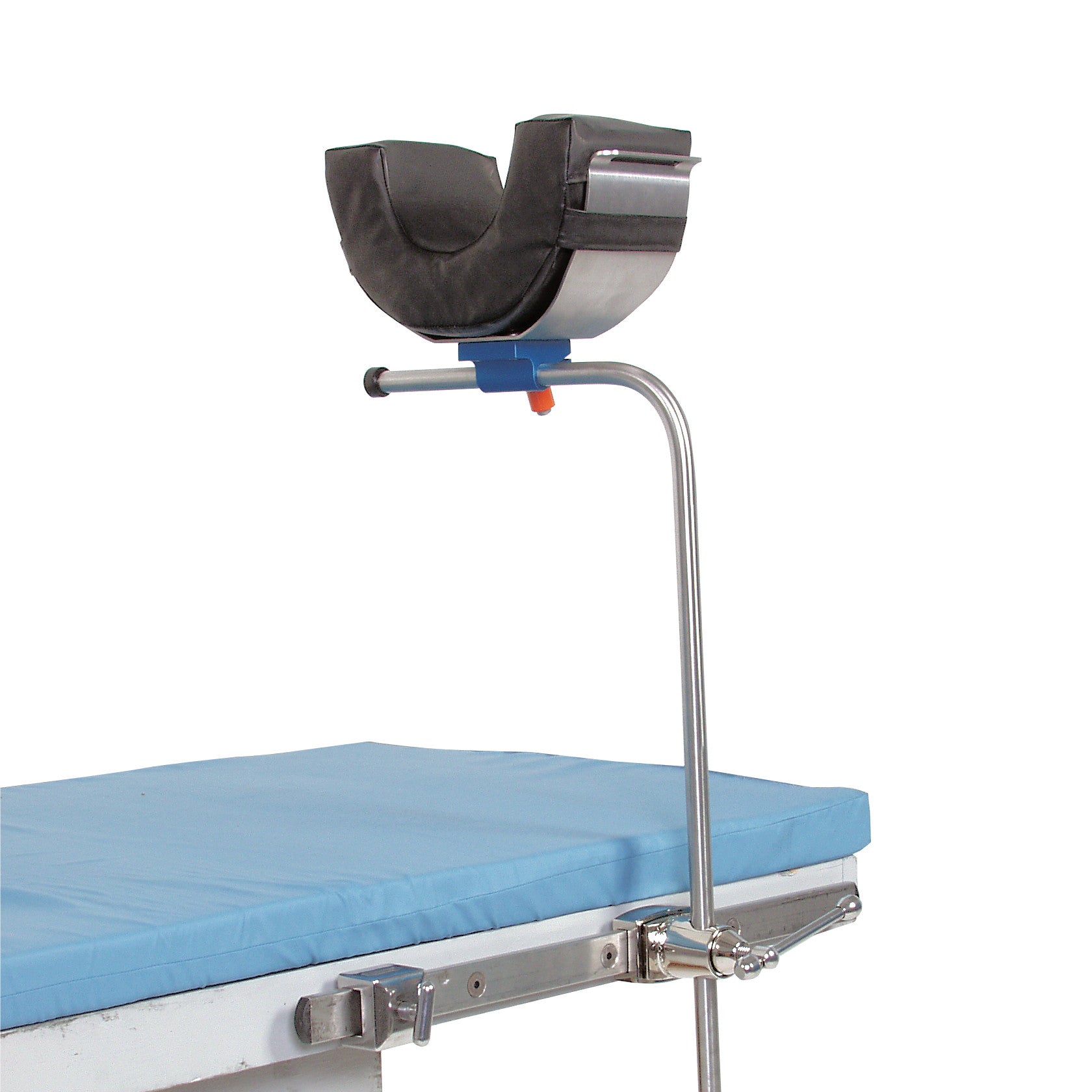 AliMed Standard Universal Positioner attached to a hospital bed with a blue mattress, featuring a cushioned support.