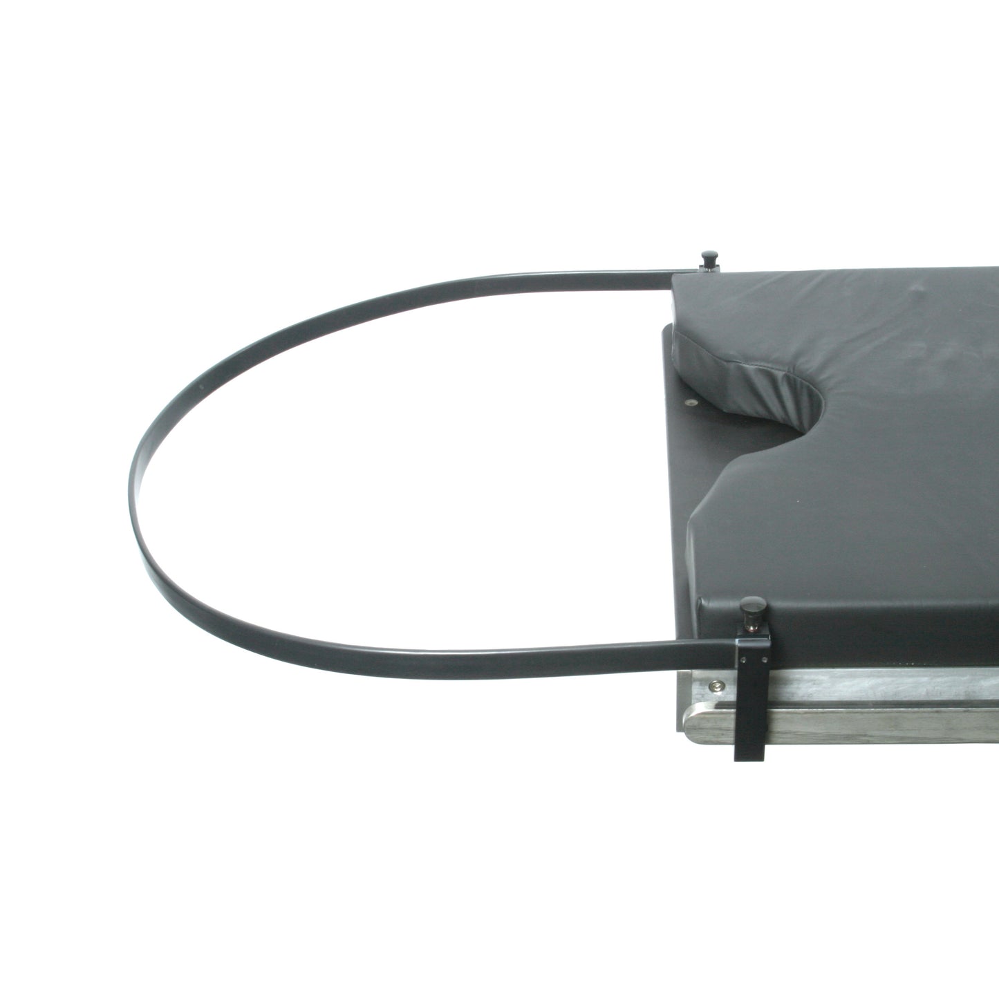 The Urocatch Frame with Integral Clamps is a padded medical support frame with a semi-circular metal band for positioning.