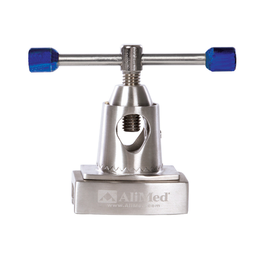 AliMed Original Clark Socket, a metallic medical device clamp with a T-shaped handle and blue knobs, is used for securing attachments.
