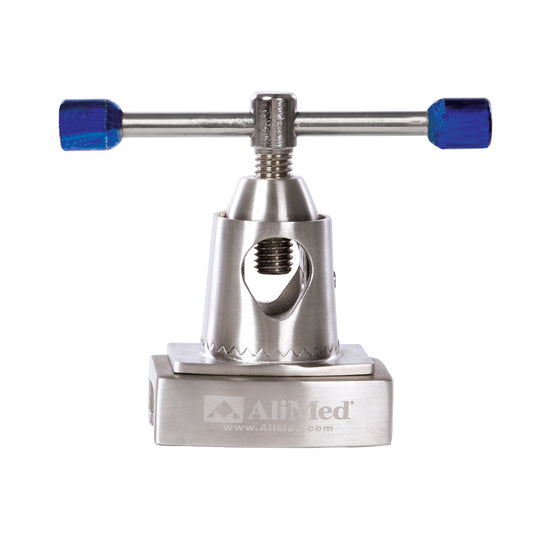 AliMed Original Clark Socket, a metallic medical device clamp with a T-shaped handle and blue knobs, is used for securing attachments.