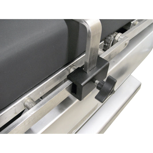 Close-up of a Universal Rail Clamp for Blade Style Accessories, showing a black clamp on a metal rail with an adjustable knob.