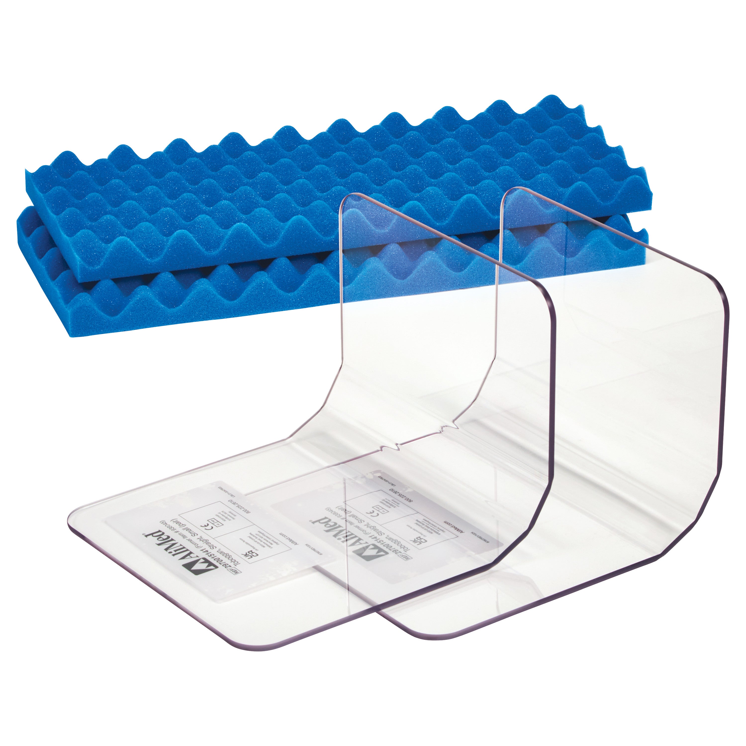 AliMed Straight Toboggan and Single-Use Liner Kit with transparent curved plastic and blue egg-crate foam liners.