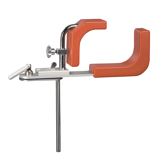 Mizuhosi Waterproof Arthroscopic Leg Holder with orange padding, metal frame, and adjustable clamp for securing the leg during surgery.