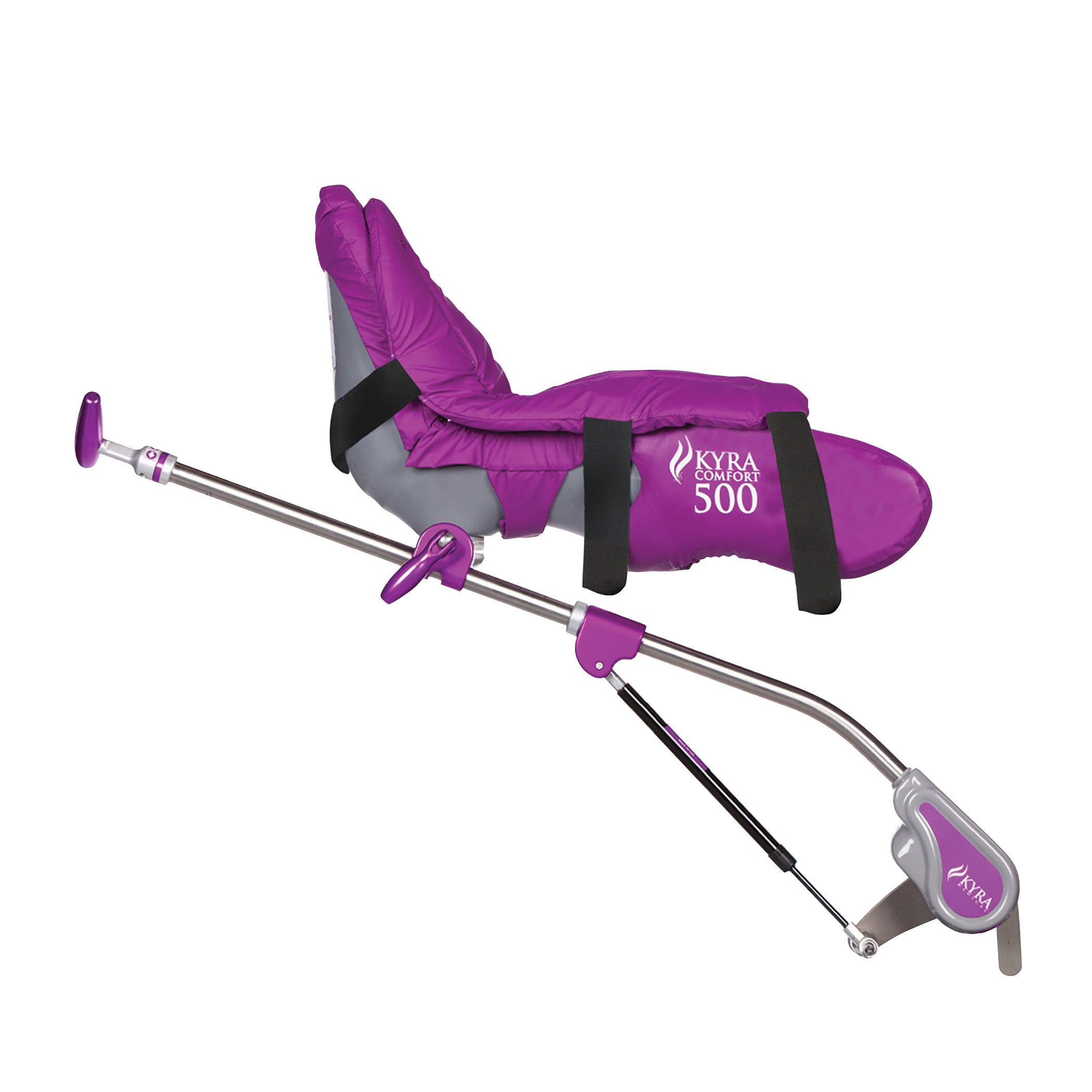 The KYRA Comfort 500 Lithotomy Stirrup with Hook-and-Loop Straps is a purple medical device designed for leg support.