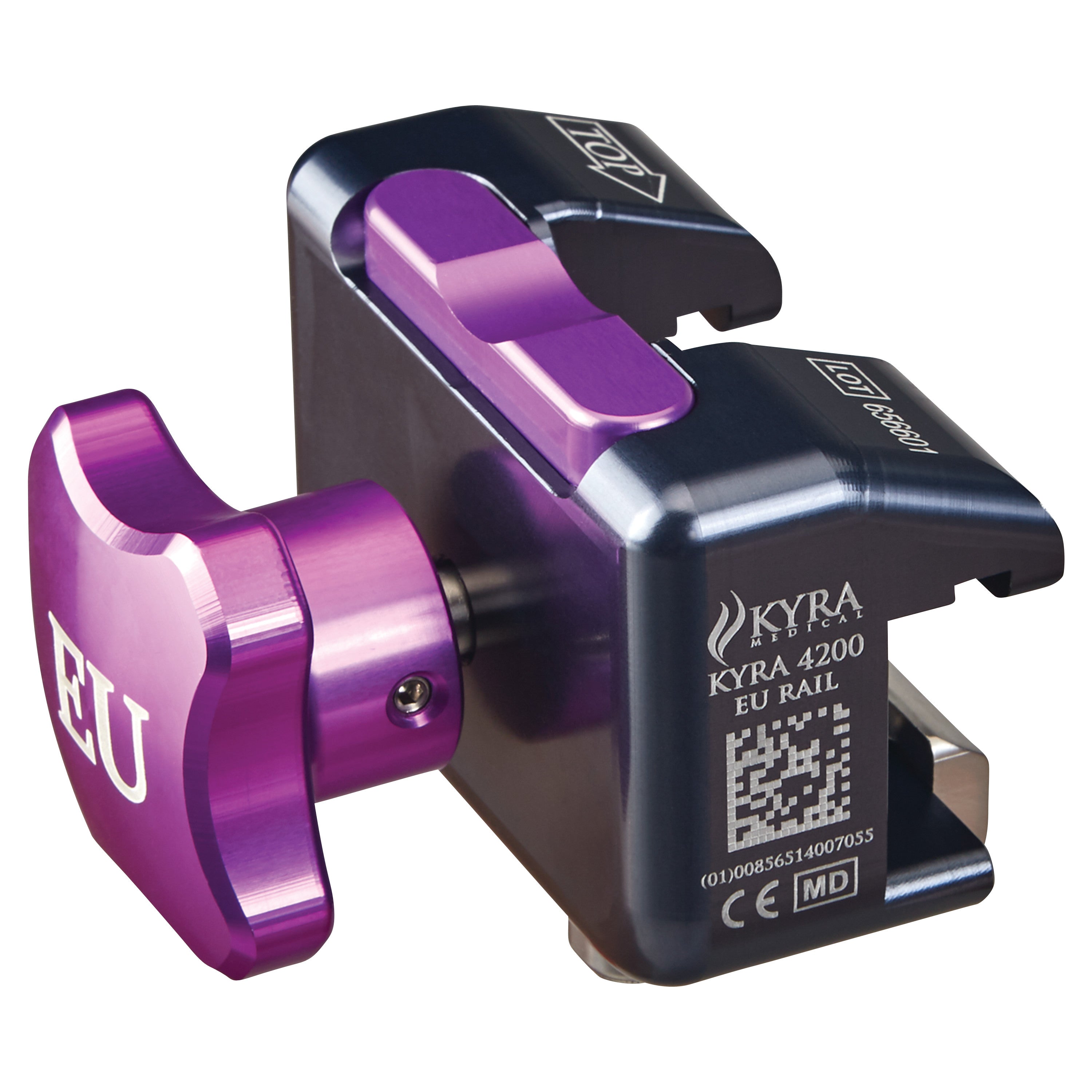 A close-up of the KYRA Secure-Release Clamp for EU Surgical Table Side Rail, featuring a purple knob and QR code on the side.