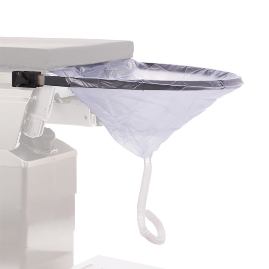 KYRA Nonsterile Urology Drainage Bag attached to a table, featuring a transparent funnel shape with an attached drainage tube.