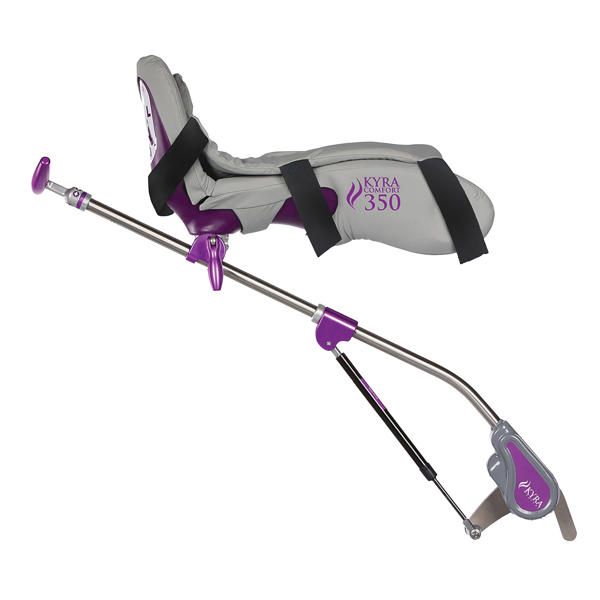 KYRA Comfort 350 Lithotomy Stirrup with Hook-and-Loop Straps features a cushioned leg support and adjustable metal frame in gray and purple.