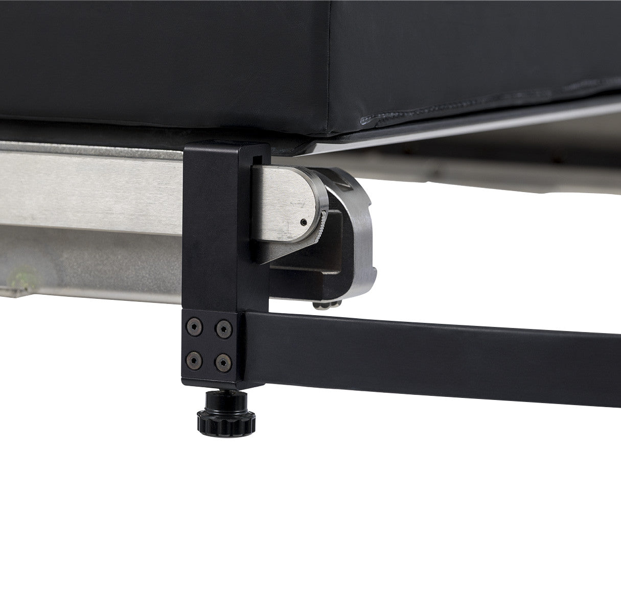 Close-up of the KYRA Urology Attachment Band Universal with Table Clamps, featuring metal and black components on a table frame.