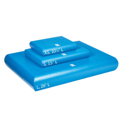 Three blue AliMed InvisiCoat Rectangle Positioners in sizes L (26"), S (15"), and XS (10�") are stacked on each other.