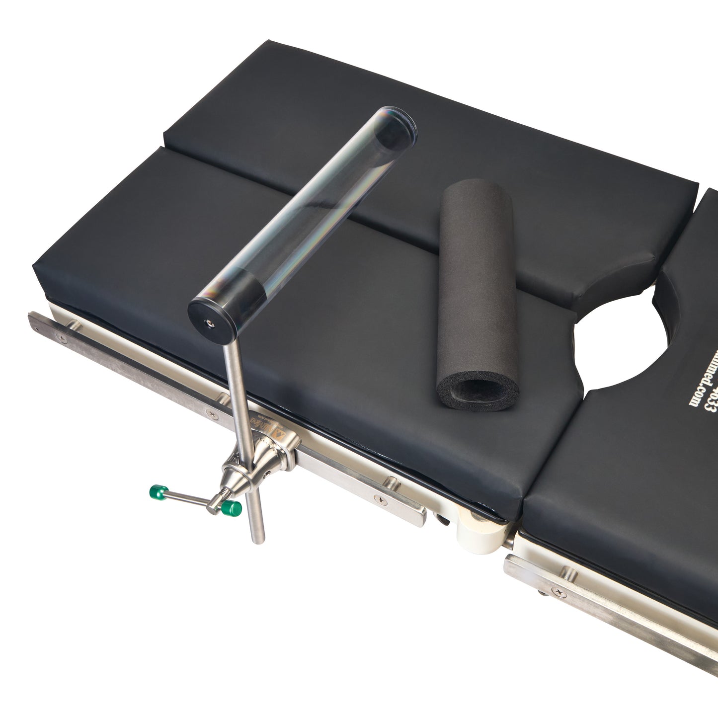 AliMed Radiolucent Total Knee Replacement (TKR) Support with black padding, a cylindrical cushion, and an adjustable transparent arm.