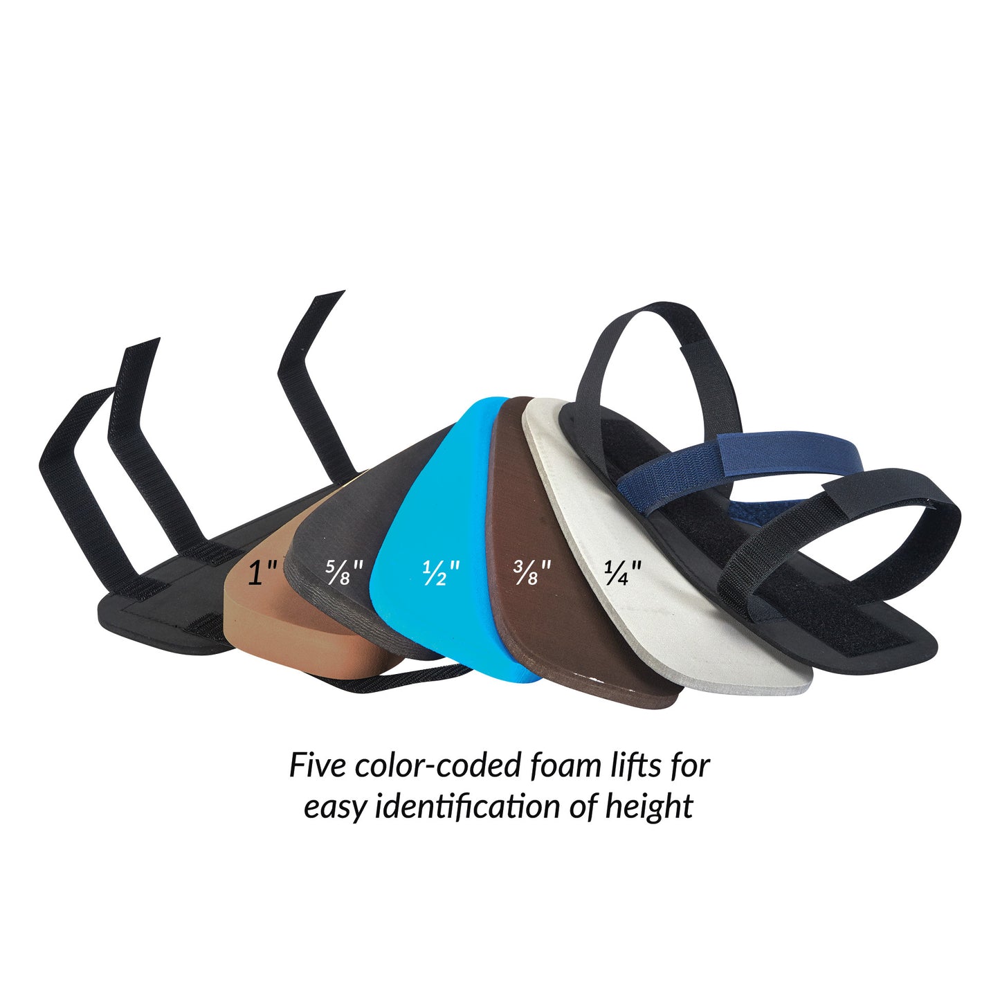 The Adjustable Height Shoe Lift Set with five color-coded foam lifts, labeled by height from 1" to 1/4".