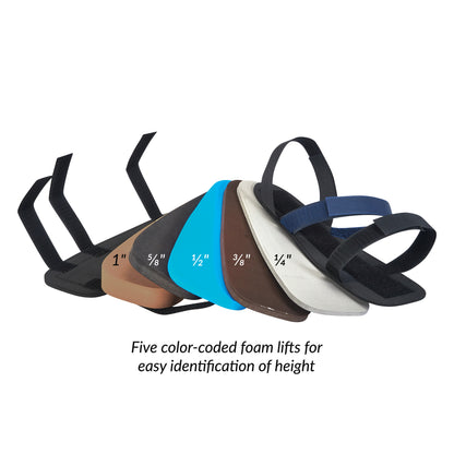 The Adjustable Height Shoe Lift Set with five color-coded foam lifts, labeled by height from 1" to 1/4".