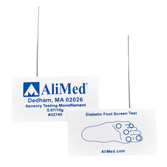 Two AliMed Disposable Monofilaments for diabetic foot screening are shown. Cards display the AliMed logo and foot diagram.