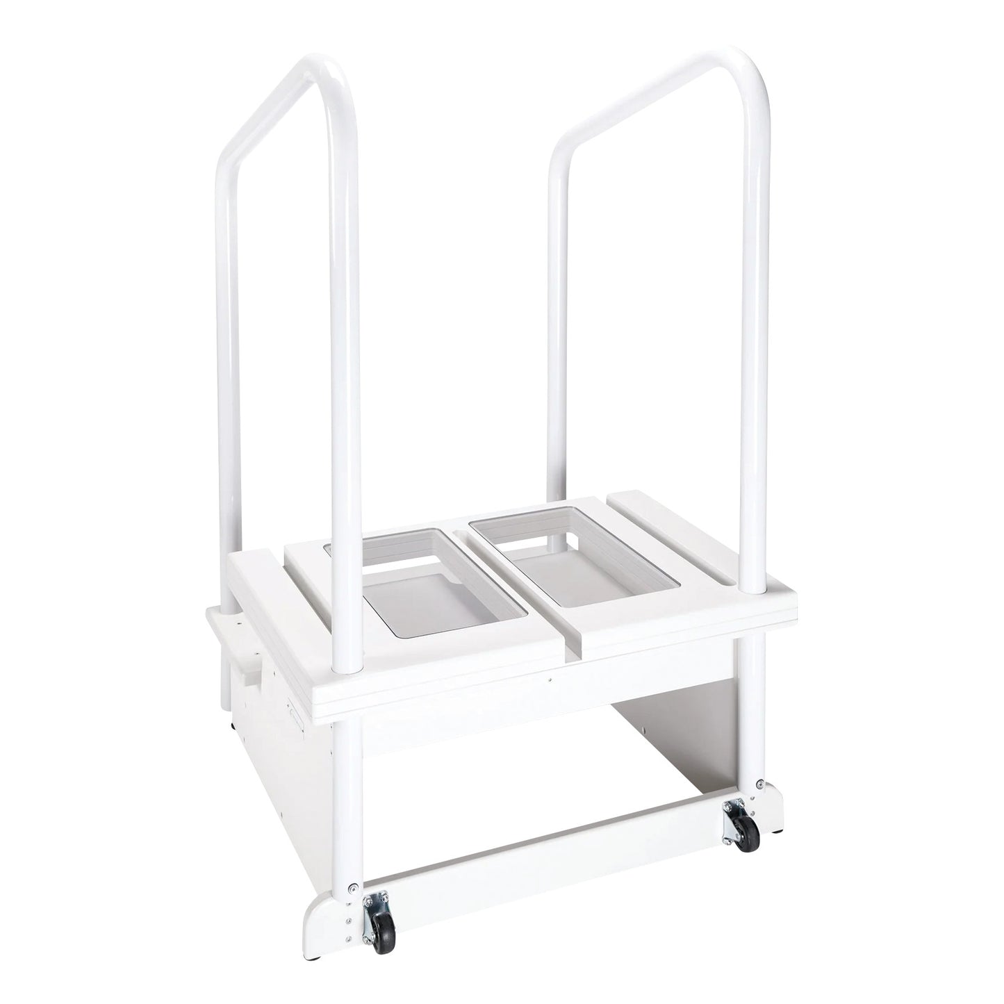 A white Two-Step Positioning Platform for CR and DR Systems, featuring dual steps with cutout sections and handrails, on wheels.