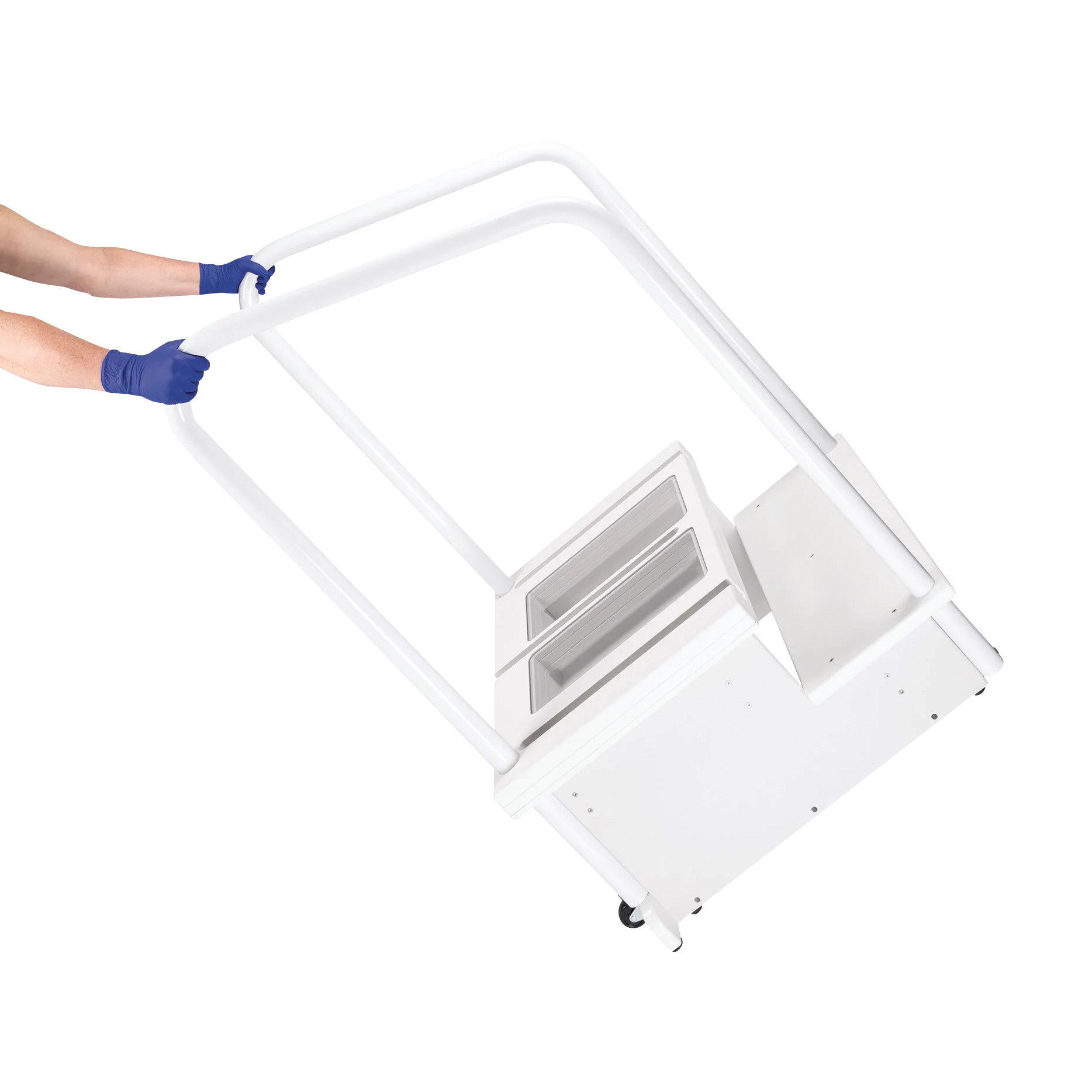 A person tilts a white Two-Step Positioning Platform for CR Systems and DR Systems with gloved hands; it has wheels and steps.