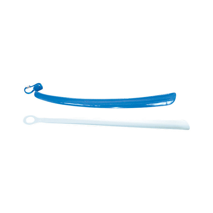 Two Standard Plastic Shoehorns: one blue with a looped handle and one white, both long and slightly curved.