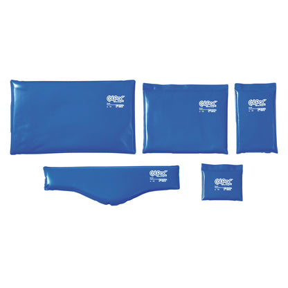 Five blue Chattanooga Hydrocollator ColpaC ice packs in various shapes and sizes are arranged on a white background.