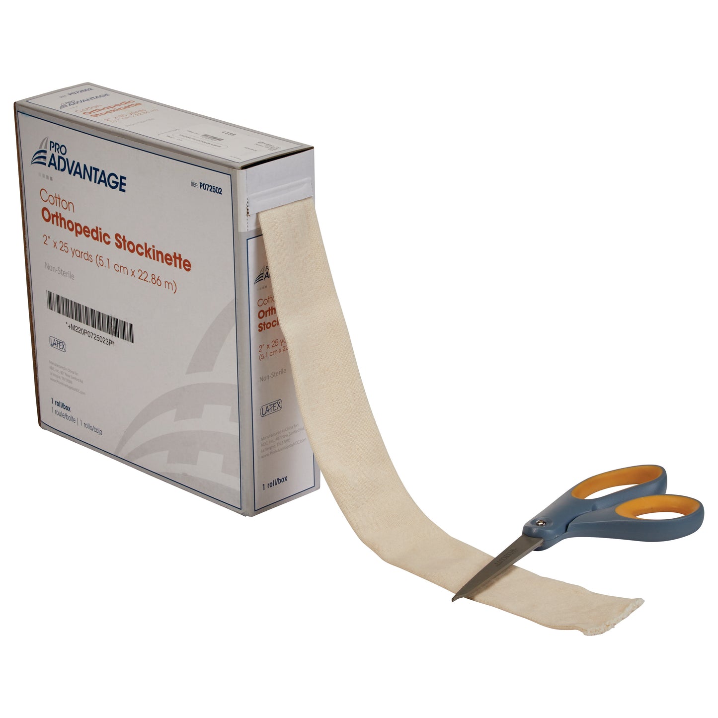 Box of "Cotton Stockinette" with a strip of fabric extending out, being cut by scissors.