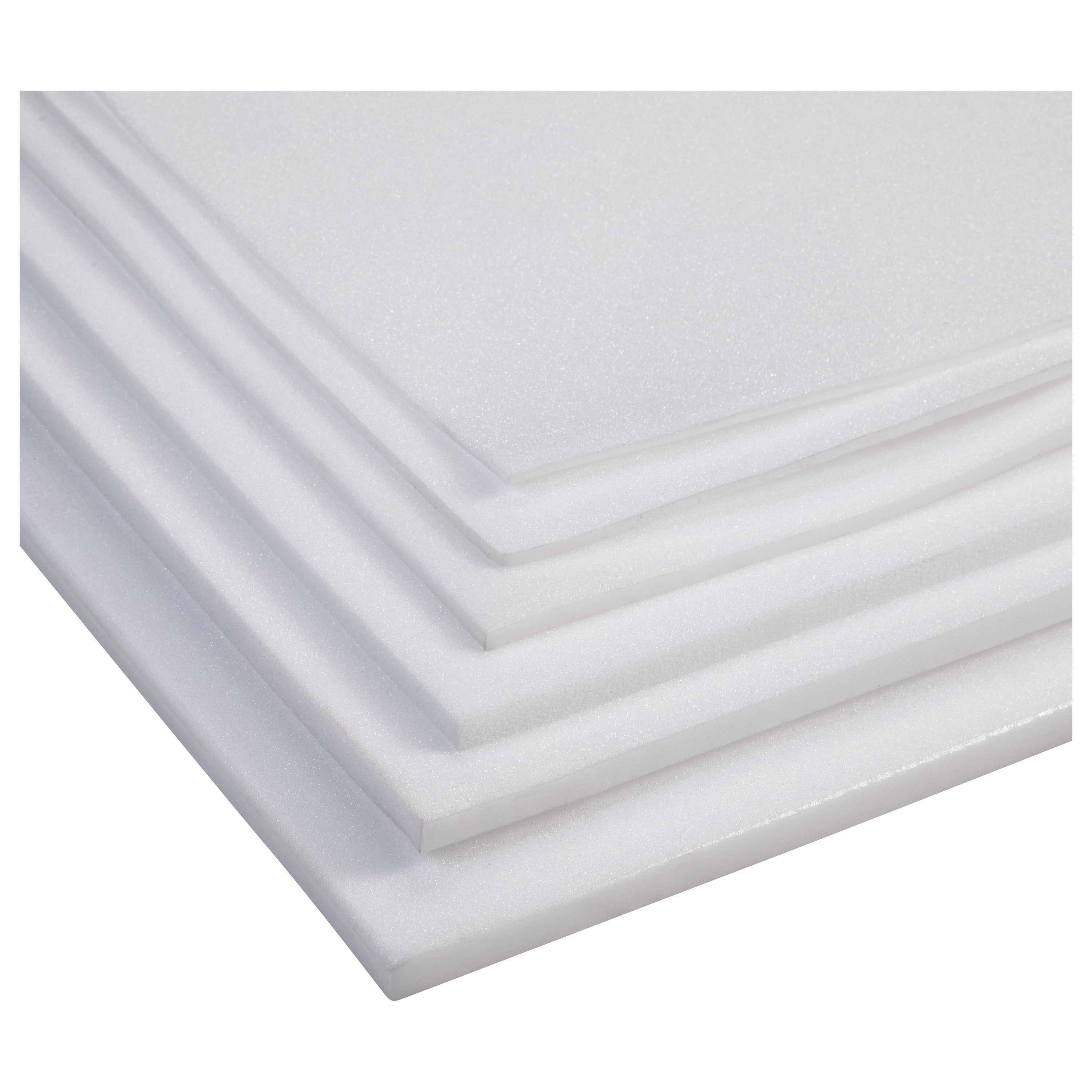 A stack of white AliMed Plastazote #2 foam sheets is shown, displaying their smooth texture and layered arrangement.