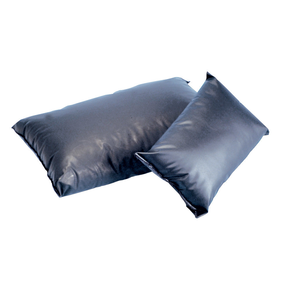 Two AliMed Conductive-Covered Pillows in black, featuring a smooth, shiny surface. One pillow is larger, and the other is smaller.