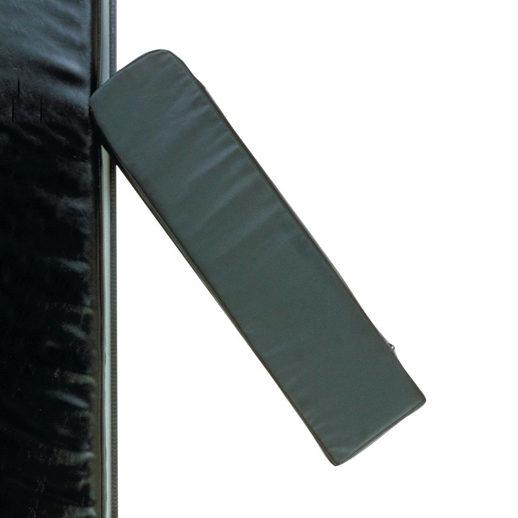 AliMed Pivoting Armboard attached to the side of a medical table, covered in black padding for patient support and positioning.