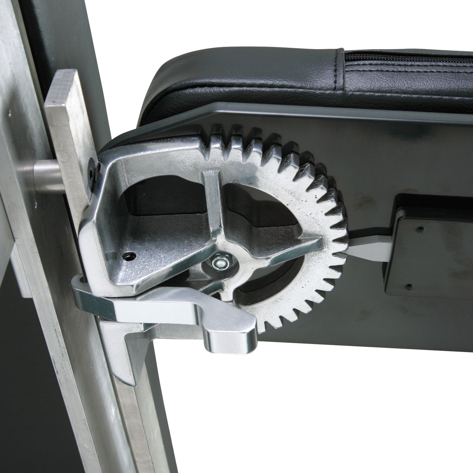 Close-up of the AliMed Pivoting Armboard mechanism, showing a metal gear and locking lever attached to a padded surface.