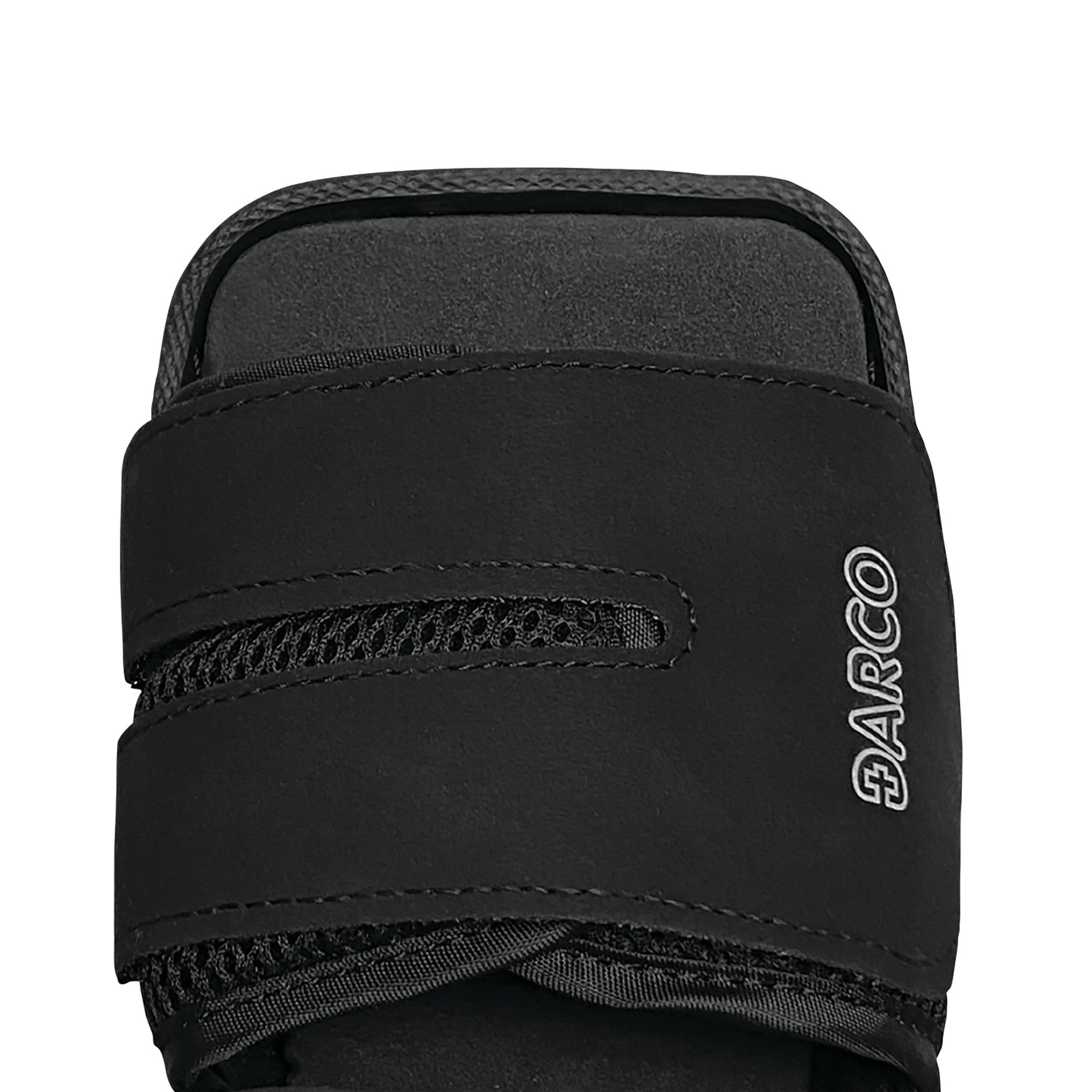 Close-up of the DARCO MedSurg Shoe, featuring black material, adjustable straps, and visible mesh ventilation.
