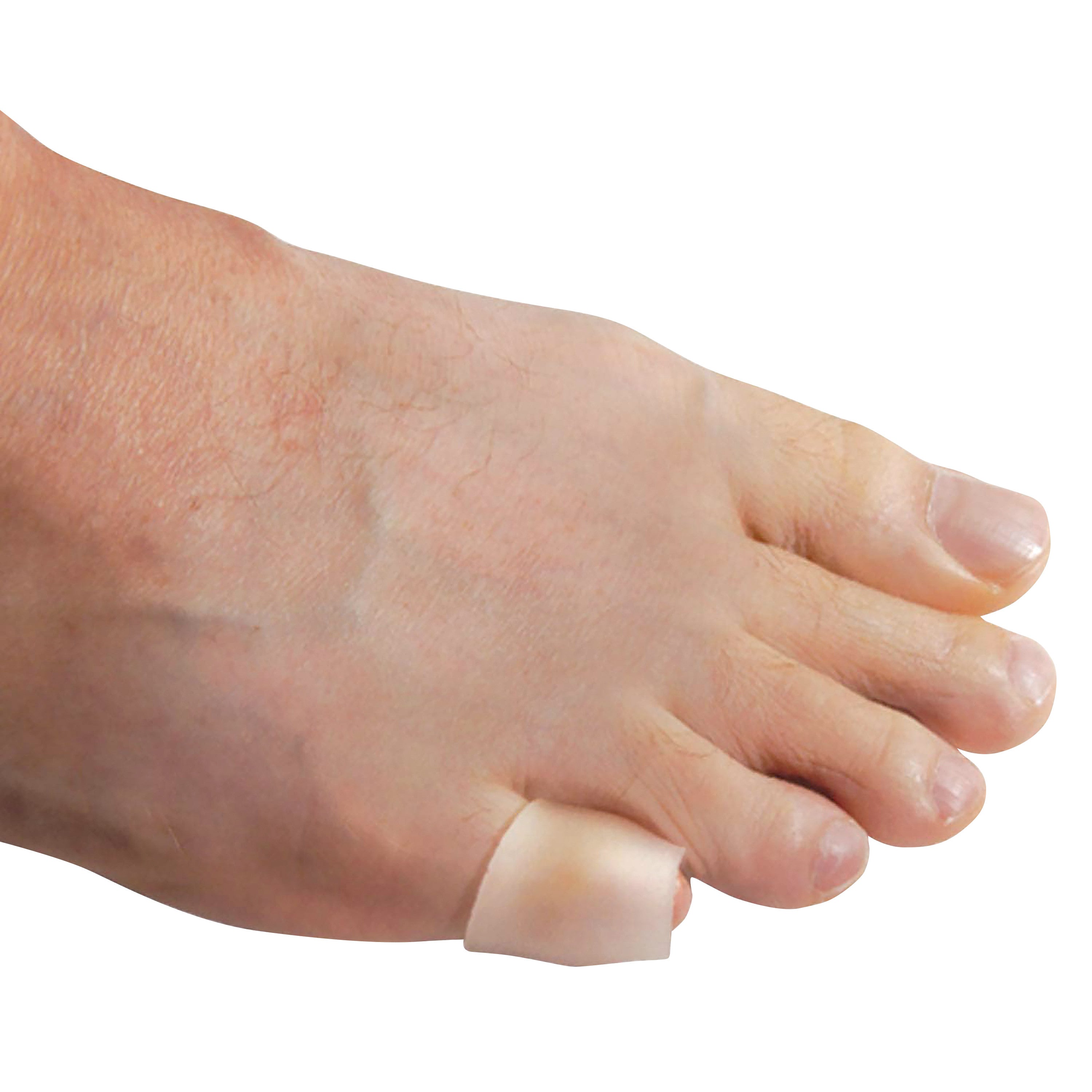 A foot with a PediFix Visco-GEL All-Gel Toe/Finger Tube on the small toe, providing cushioning and protection.