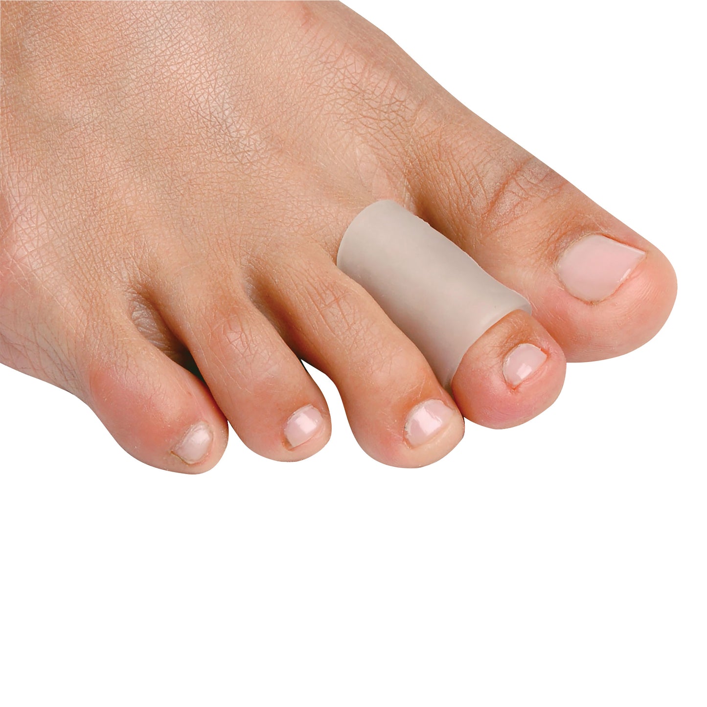 A foot with a PediFix Visco-GEL All-Gel Toe/Finger Tube on the second toe to provide cushioning and protection.