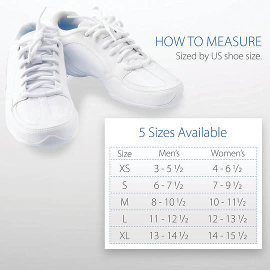 White Swede-O Tarsal-Lok Ankle Brace shoes with a size chart. Sizes: XS to XL for men's (3-14.5) and women's (4-15.5).