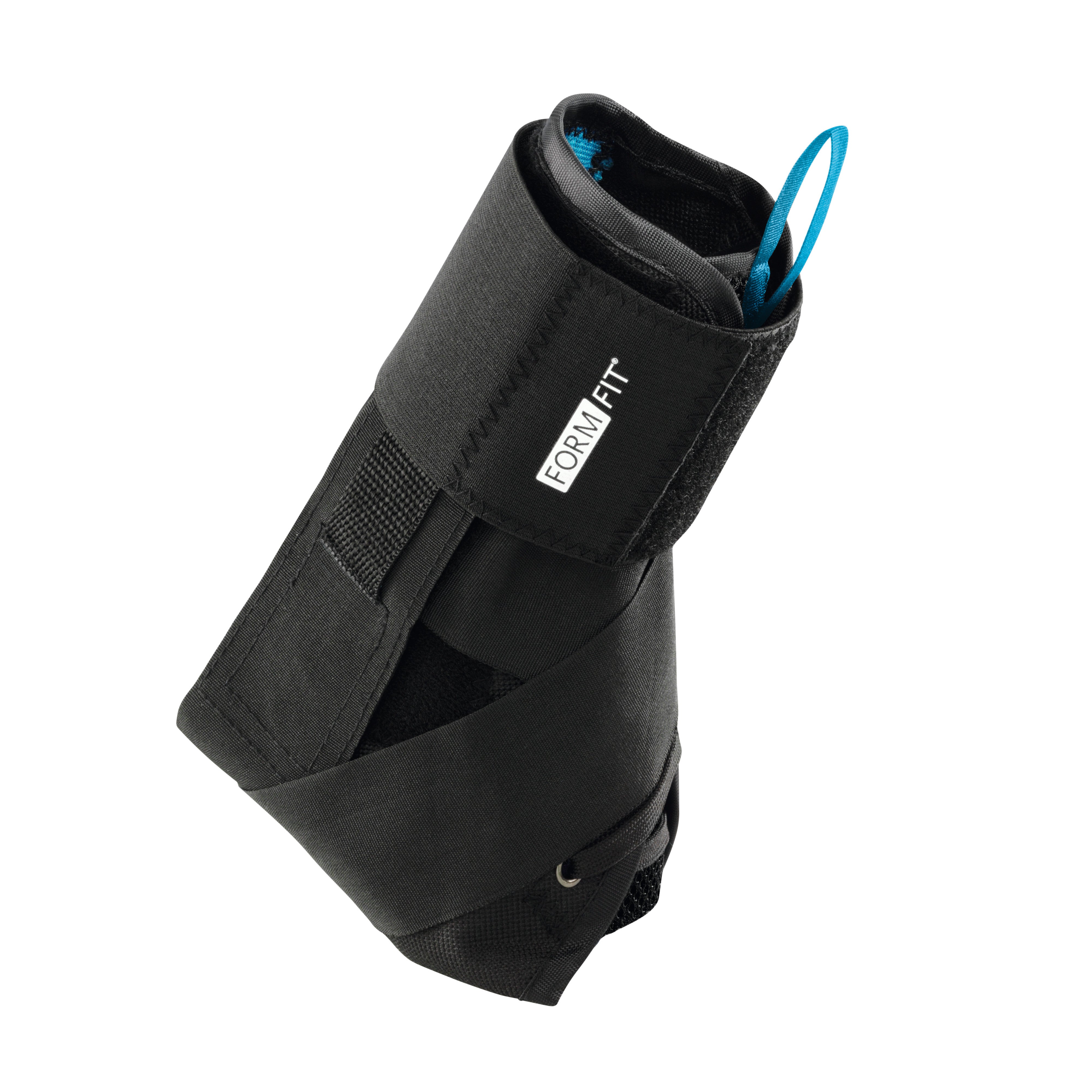 An Ossur Formfit Ankle Brace with Speedlace. It is black with a strap and a blue pull tab for easy adjustment.