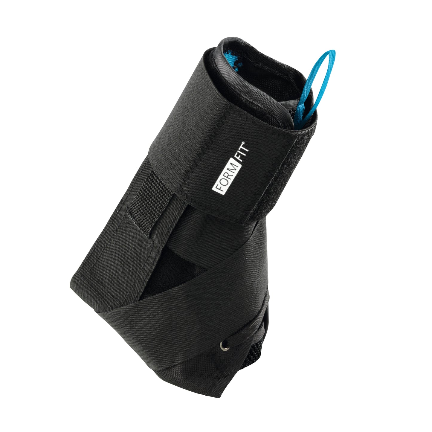 An Ossur Formfit Ankle Brace with Speedlace. It is black with a strap and a blue pull tab for easy adjustment.