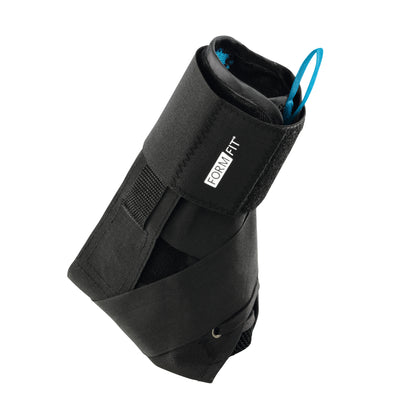 An Ossur Formfit Ankle Brace with Speedlace. It is black with a strap and a blue pull tab for easy adjustment.