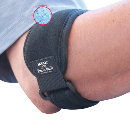 A Brownmed IMAK RSI Elbow Band is worn on an arm, featuring a label and a close-up of textured "ergoBeads" in the background.